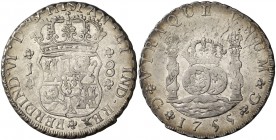 1755. Fernando VI. Guatemala. J. 8 reales. (Cal. 288). 26,81 g. Columnario. La J del ensayador pequeña. Plata ligeramente agria. Parte de brillo origi...