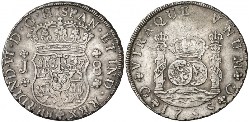 1755. Fernando VI. Guatemala. J. 8 reales. (Cal. 289). 26,95 g. Columnario. La J...