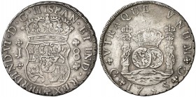 1755. Fernando VI. Guatemala. J. 8 reales. (Cal. 289). 26,95 g. Columnario. La J del ensayador grande. Leves rayitas. Bonito color. Rara. MBC+.