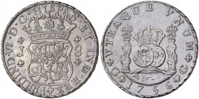 1756. Fernando VI. Guatemala. J. 8 reales. (Cal. 291). 26,65 g. Columnario. Pátina oscura para disimular una limpieza antigua. Rara. (MBC+/MBC).