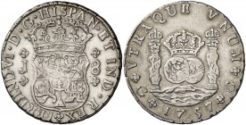 1757. Fernando VI. Guatemala. J. 8 reales. (Cal. 292). 26,80 g. Columnario. Rayitas. Limpiada. Rara. MBC.