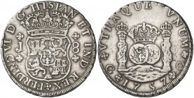 1757. Fernando VI. Guatemala. J. 8 reales. (Cal. 292 var) (Calbetó falta). 26,82 g. Columnario. Sin puntos en leyenda. Rara. MBC.