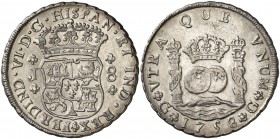 1758. Fernando VI. Guatemala. J. 8 reales. (Cal. 293). 26,83 g. Columnario. Leves rayitas. Bella. Parte de brillo original. Rara y más así. EBC/EBC-....