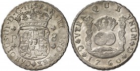 1760. Carlos III. Guatemala. P. 8 reales. (Cal. 809). 26,73 g. Columnario. Gran separación entre el 7 y el 6 de la fecha. Muy bella. Parte de brillo o...