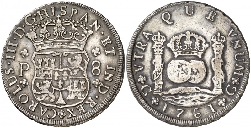 1761. Carlos III. Guatemala. P. 8 reales. (Cal. 810). 26,60 g. Columnario. Rever...