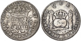 1761. Carlos III. Guatemala. P. 8 reales. (Cal. 810). 26,60 g. Columnario. Reverso limpiado. Rara. MBC+/MBC.