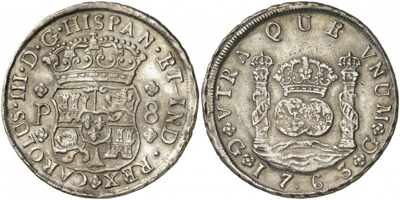 1763. Carlos III. Guatemala. P. 8 reales. (Cal. 812). 26,98 g. Columnario. Leves...