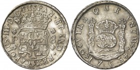 1763. Carlos III. Guatemala. P. 8 reales. (Cal. 812). 26,98 g. Columnario. Leves golpecitos. Parte de brillo original. Rara. EBC-/MBC+.