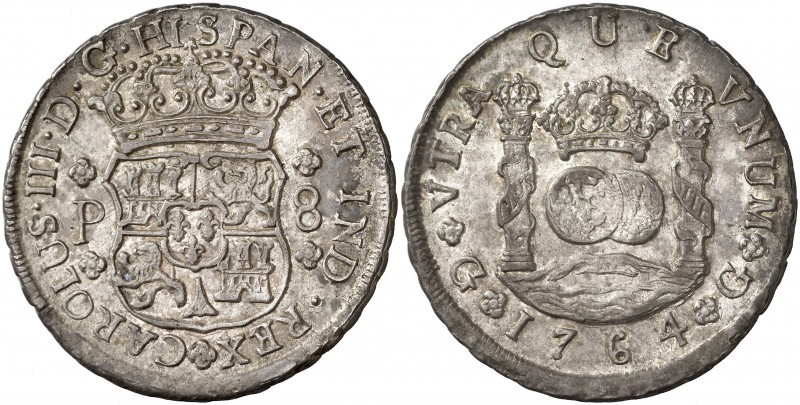 1764. Carlos III. Guatemala. P. 8 reales. (Cal. 813). 26,98 g. Columnario. Bella...