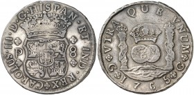 1765. Carlos III. Guatemala. P. 8 reales. (Cal. 814). 26,79 g. Columnario. Dos pequeños resellos orientales. Muy rara. MBC/MBC-.