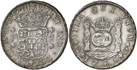 1766. Carlos III. Guatemala. P. 8 reales. (Cal. 815). 26,92 g. Columnario. Golpecito. Buen ejemplar. Rara. EBC-.