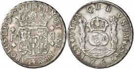 1767. Carlos III. Guatemala. P. 8 reales. (Cal. 816). 27 g. Columnario. Leves rayitas. Rara. MBC+/MBC.
