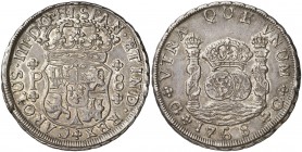 1768. Carlos III. Guatemala. P. 8 reales. (Cal. 817). 26,88 g. Columnario. Corona, mundos y olas muy juntos. Parte de brillo original. Escasa así. EBC...