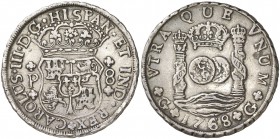 1768. Carlos III. Guatemala. P. 8 reales. (Cal. 817). 26,89 g. Columnario. Corona, mundos y olas muy separados. Golpecito. Rara. MBC+.