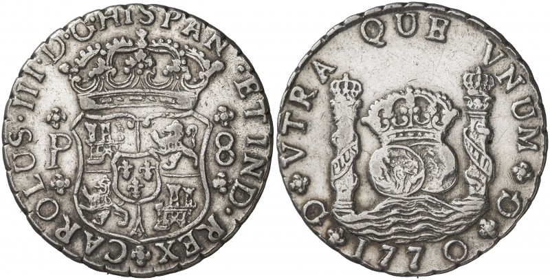 1770. Carlos III. Guatemala. P. 8 reales. (Cal. 819). 26,79 g. Columnario. Escas...