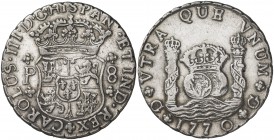 1770. Carlos III. Guatemala. P. 8 reales. (Cal. 819). 26,79 g. Columnario. Escasa. MBC+.