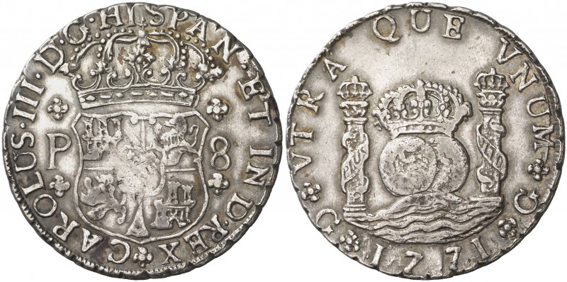 1771. Carlos III. Guatemala. P. 8 reales. (Cal. 820). 26,99 g. Columnario. Rara....