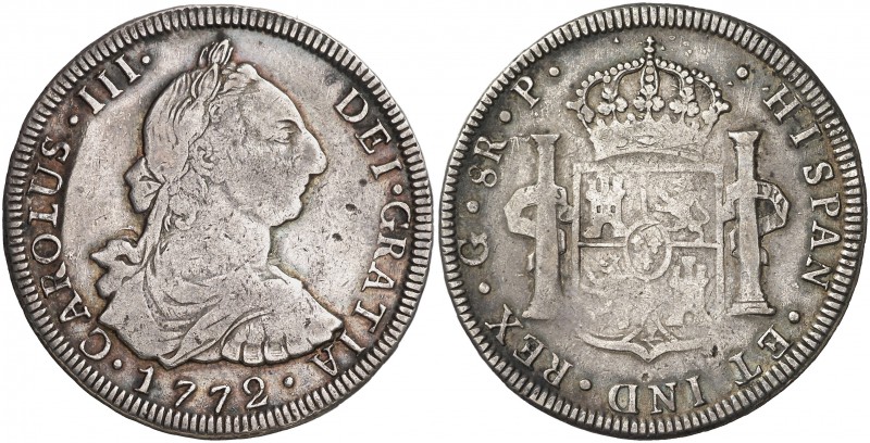 1772. Carlos III. Guatemala. P. 8 reales. (Cal. 822). 26,50 g. Primer año de bus...