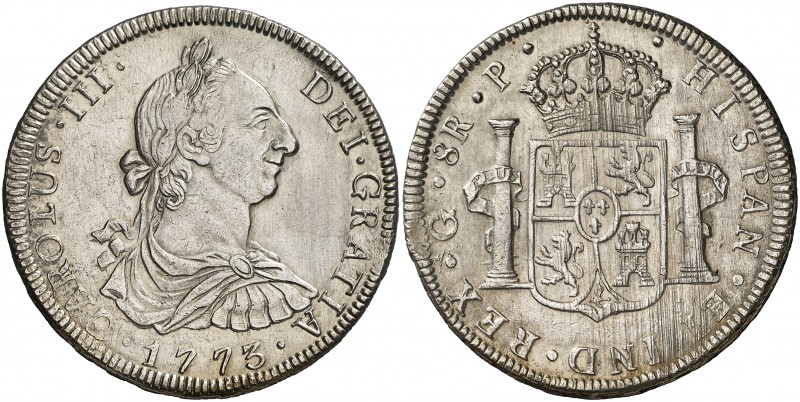 1773. Carlos III. Guatemala. P. 8 reales. (Cal. 823). 27 g. Rayitas de acuñación...