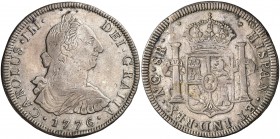 1776. Carlos III. Guatemala. P. 8 reales. (Cal. 824 var) (Kr. 36.2). 26,67 g. Primer año de marca de ceca NG rectificada sobre GN. Muy rara. MBC-.