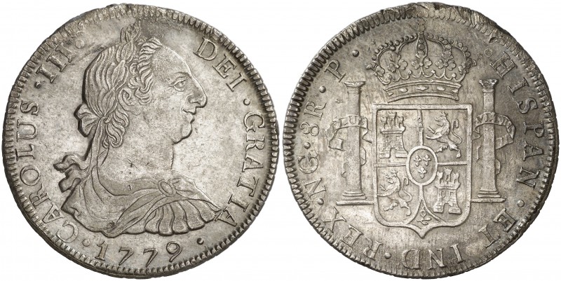 1779. Carlos III. Guatemala. P. 8 reales. (Cal. 827). 26,83 g. Golpecitos. Parte...