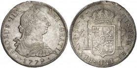 1779. Carlos III. Guatemala. P. 8 reales. (Cal. 827). 26,83 g. Golpecitos. Parte de brillo original. Escasa. (MBC+/EBC-).