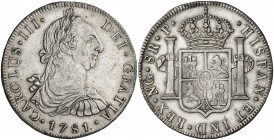 1781. Carlos III. Guatemala. P. 8 reales. (Cal. 829). 26,92 g. Leves rayitas, pero buen ejemplar. Muy rara. MBC+.
