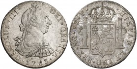 1783. Carlos III. Guatemala. P. 8 reales. (Cal. 831). 26,90 g. Leves marquitas. Suave pátina. Parte de brillo original. Rara y más así. EBC.