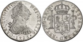 1785. Carlos III. Guatemala. M. 8 reales. (Cal. 832). 27,11 g. El 5 rectificado sobre otro número. Leves rayitas. Bella. Parte de brillo original. Rar...
