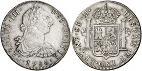 1786. Carlos III. Guatemala. M. 8 reales. (Cal. 833). 26,87 g. Leves rayitas. Muy rara. MBC/MBC+.