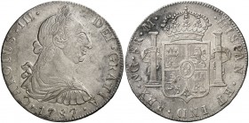 1787. Carlos III. Guatemala. M. 8 reales. (Cal. 834). 26,89 g. Parte de brillo original. Ex Áureo Selección 2006, nº 199. Rara y más así. EBC-.