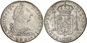 1789. Carlos IV. Guatemala. M. 8 reales. (Cal. 617). 27 g. Busto de Carlos III. Ordinal IV. Leves rayitas pero buen ejemplar. Parte de brillo original...