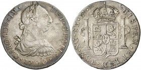 1790. Carlos IV. Guatemala. M. 8 reales. (Cal. 618 var) (Kr. 45). 26,84 g. Busto de Carlos III. Ordinal IV. El 0 rectificado sobre un 9. Leves golpeci...