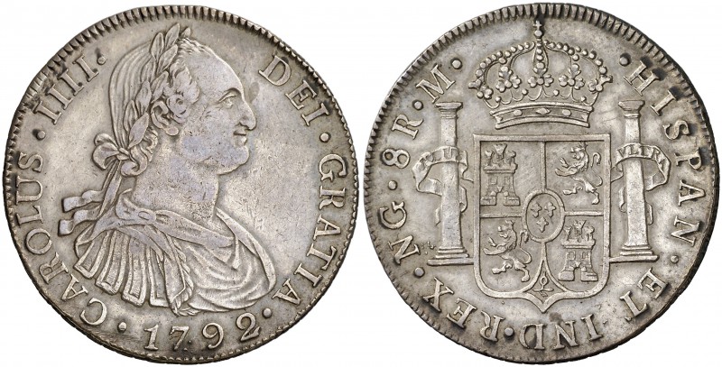 1792. Carlos IV. Guatemala. M. 8 reales. (Cal. 621). 26,92 g. Pátina. Escasa. MB...