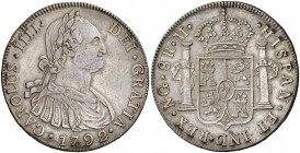 1792. Carlos IV. Guatemala. M. 8 reales. (Cal. 621). 26,92 g. Pátina. Escasa. MBC+.