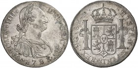 1793. Carlos IV. Guatemala. M. 8 reales. (Cal. 622). 26,94 g. Bella. Parte de brillo original Escasa y más así. EBC/EBC+.