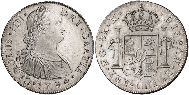 1794. Carlos IV. Guatemala. M. 8 reales. (Cal. 623). 27,05 g. Muy bella. Brillo ...