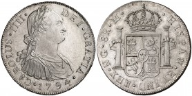 1794. Carlos IV. Guatemala. M. 8 reales. (Cal. 623). 27,05 g. Muy bella. Brillo original. Rara así. S/C-.