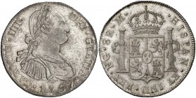 1797. Carlos IV. Guatemala. M. 8 reales. (Cal. 628). 27 g. Muy bella. Brillo original. Rara así. S/C-.