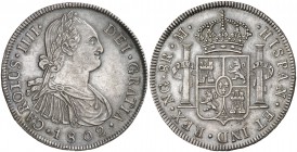 1802. Carlos IV. Guatemala. M. 8 reales. (Cal. 633). 27,01 g. Pátina. Bella. Parte de brillo original. Muy escasa así. EBC/EBC+.