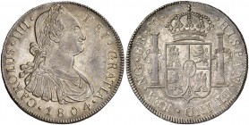 1804. Carlos IV. Guatemala. M. 8 reales. (Cal. 635). 26,91 g. Bella. Preciosa pátina. Muy escasa así. EBC+.