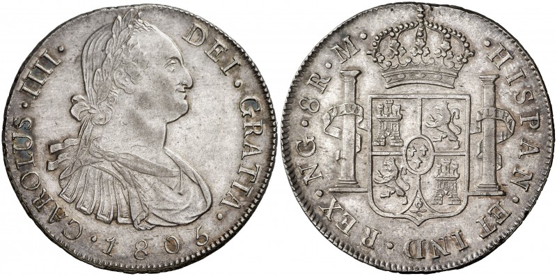 1805. Carlos IV. Guatemala. M. 8 reales. (Cal. 637). 27 g. Bella. Parte de brill...