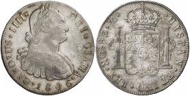 1806/5. Carlos IV. Guatemala. M. 8 reales. (Cal. 638). 26,90 g. Leves golpecitos. Bonita pátina. Parte de brillo original. Escasa. MBC+.