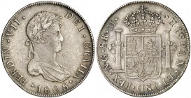 1808. Fernando VII. Guatemala. M. 8 reales. (Cal. 455, mismo ejemplar) (Kr. marca "rare" sin precio). 26,84 g. Primer año de busto propio. Bonita páti...