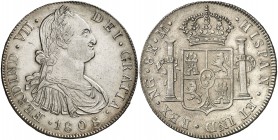 1808. Fernando VII. Guatemala. M. 8 reales. (Cal. 456). 27 g. Busto de Carlos IV. Muy bella. Brillo original. Rara. EBC+.
