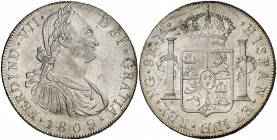 1809. Fernando VII. Guatemala. M. 8 reales. (Cal. 457). 26,69 g. Busto de Carlos IV. Bella. Brillo original. Rara. EBC+.