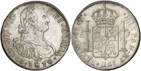 1810. Fernando VII. Guatemala. M. 8 reales. (Cal. 458). 26,84 g. Busto de Carlos IV. Anverso limpiado. Escasa. (MBC+/EBC-).
