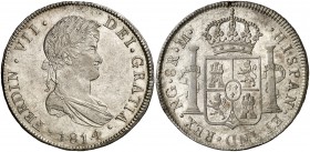 1814. Fernando VII. Guatemala. M. 8 reales. (Cal. 462). 26,95 g. Leves marquitas. Bella. Brillo original. Muy escasa así. EBC+.