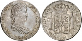 1818. Fernando VII. Guatemala. M. 8 reales. (Cal. 467). 26,93 g. Bella. Pátina. Muy escasa así. EBC/EBC+.