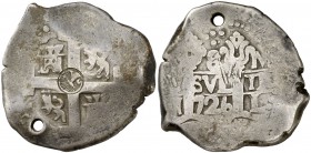 1726. (Kr. falta). 25,78 g. Resello de Guatemala (De Mey 718) sobre 8 reales de Lima M de Luis I realizado en 1838. Perforación. Ex Áureo 12/03/1990, ...